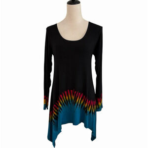 Kathmandu Imports Top Womens S/M Black Tie Dye Shark Bite Hem Boho Hippie Casual